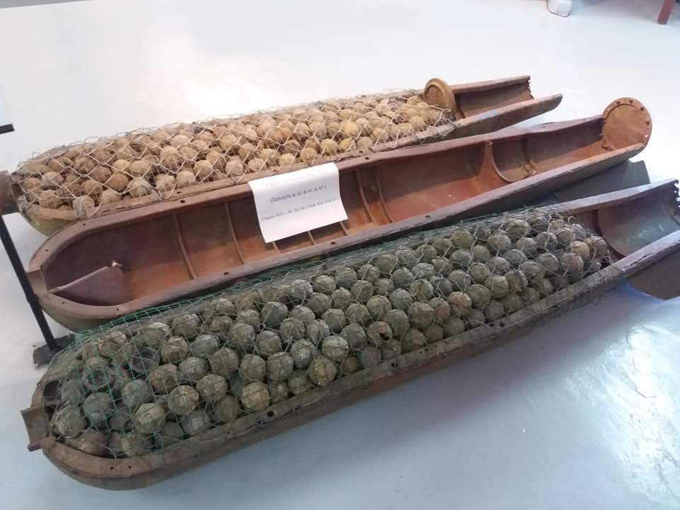 Cluster bomb containing 'bombies'. Approximately, 80 million of these small bombs remain in Laos.
